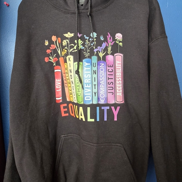 Gildan Tops - Gildan Black Hoodie with Rainbow Equality Bookstack Graphic